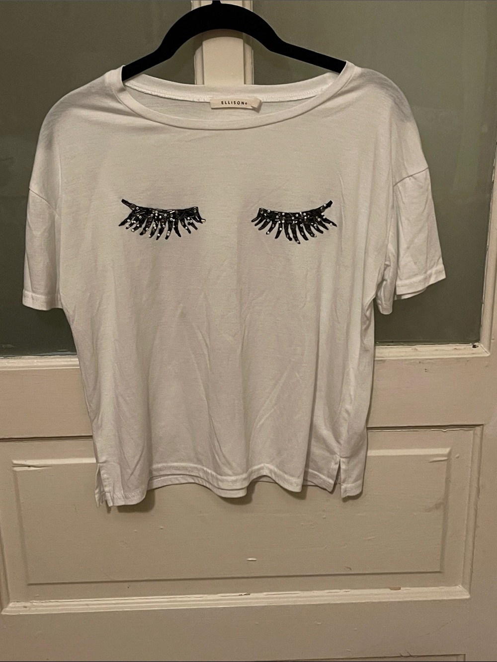 Ellison White Short-Sleeve Tee with Black Sequin Eyelash Motif